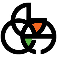 The letters B, A, C stylized to each look like part of a circle. The three letters overlap such that their overlapping regions form a triquetra. Two of the leaves of the triquetra are colored (top right, and bottom).