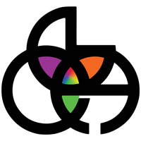 The letters B, A, C stylized to each look like part of a circle. The three letters overlap such that their overlapping regions form a triquetra. Three of the leaves of the triquetra are colored (top left, top right, and bottom) and the very center is also colored in the form of a rainbow.