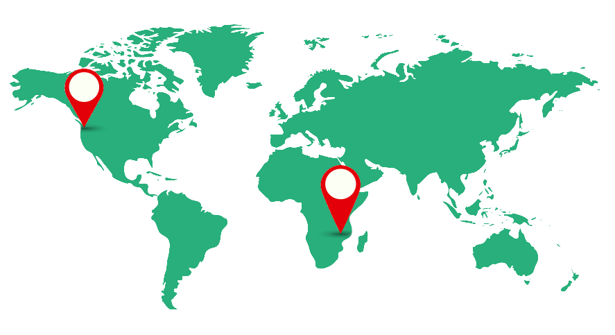 A flattened (Mercator projection) map of the world. There are no country lines or labels but all of the landmasses are green. The oceans are not shown and are left transparent. On the map are two bright red pins. One is on Washington State in the USA and the other is on Malawi in Southeastern Africa.